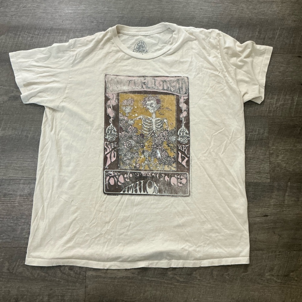 Grateful Dead Family Dog Skeleton Rose Poster Graphic Tee Mens Large Ivory Rock